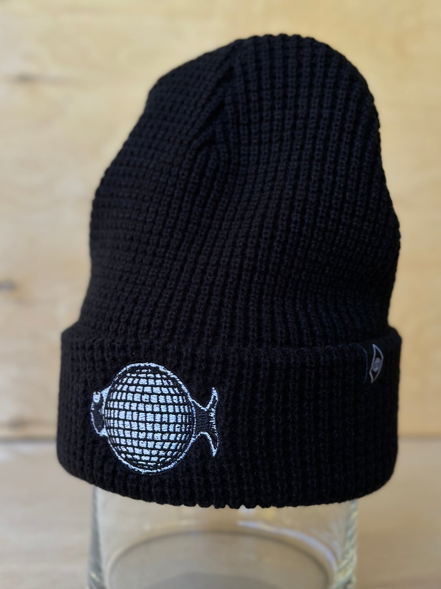 Disco Fish Waffle Knit Beanie Hat Black