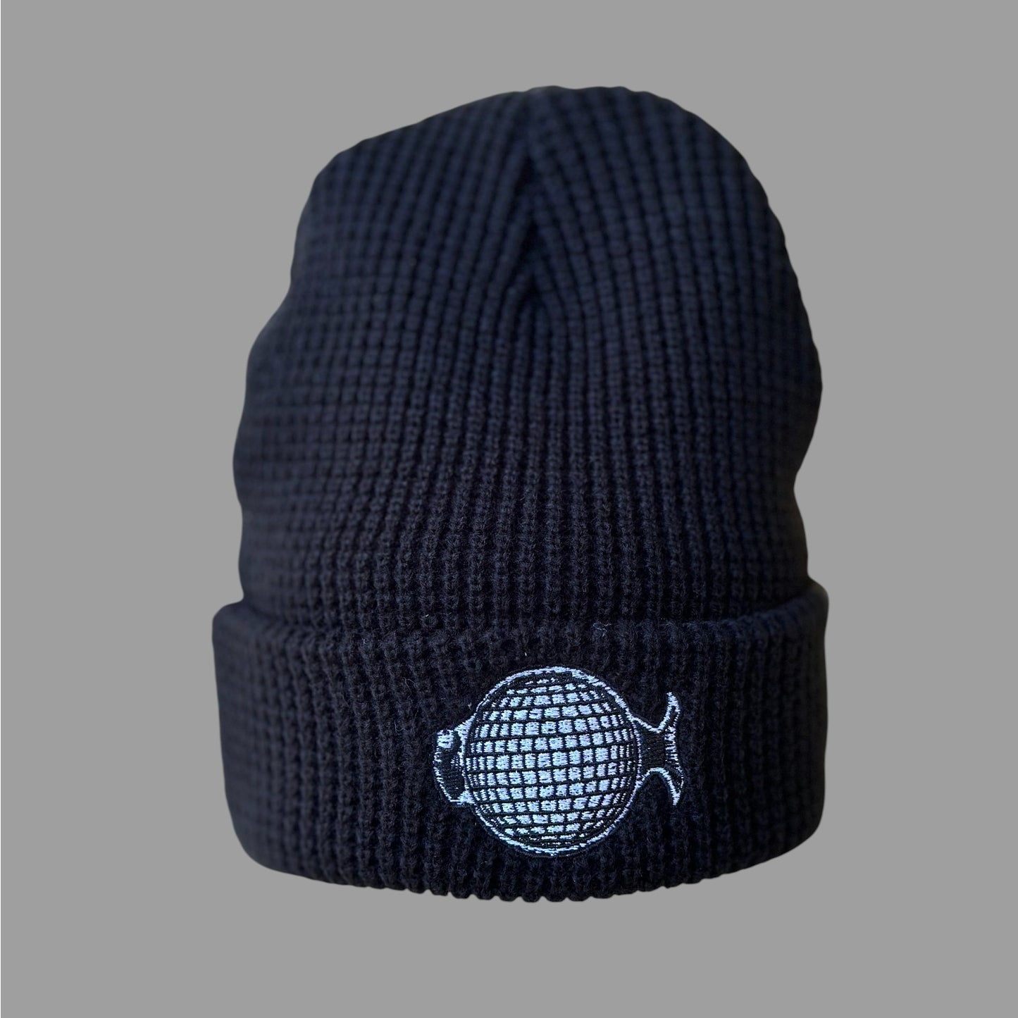 Disco Fish Waffle Knit Beanie Hat Black